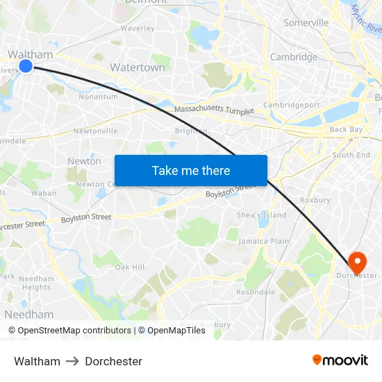 Waltham to Dorchester map