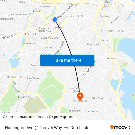 Huntington Ave @ Forsyth Way to Dorchester map