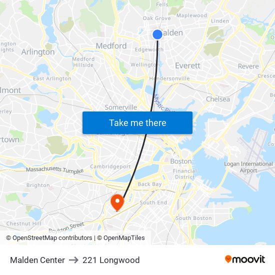 Malden Center to 221 Longwood map