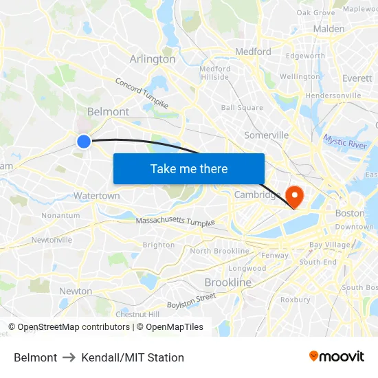Belmont to Kendall/MIT Station map