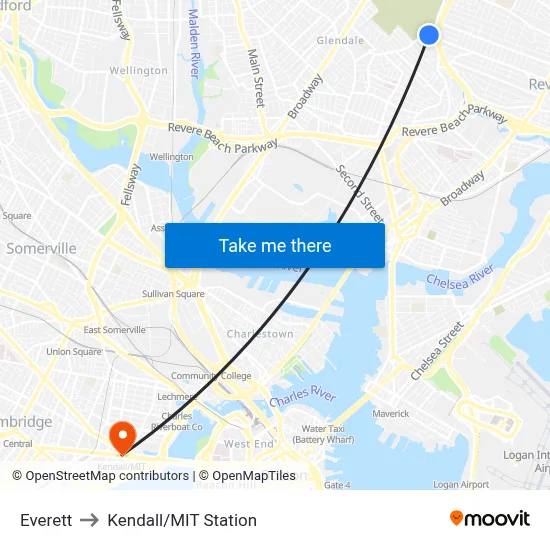 Everett to Kendall/MIT Station map