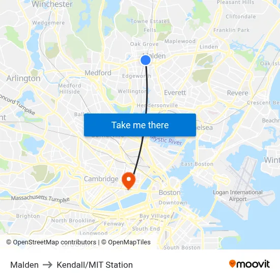 Malden to Kendall/MIT Station map