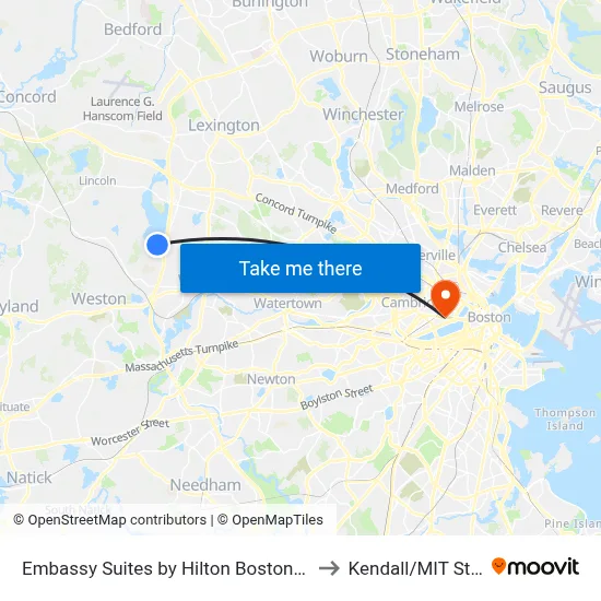 Embassy Suites by Hilton Boston Waltham to Kendall/MIT Station map