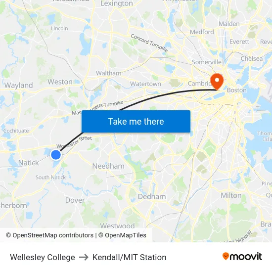 Wellesley College, 106 Central St to Kendall/MIT Station map