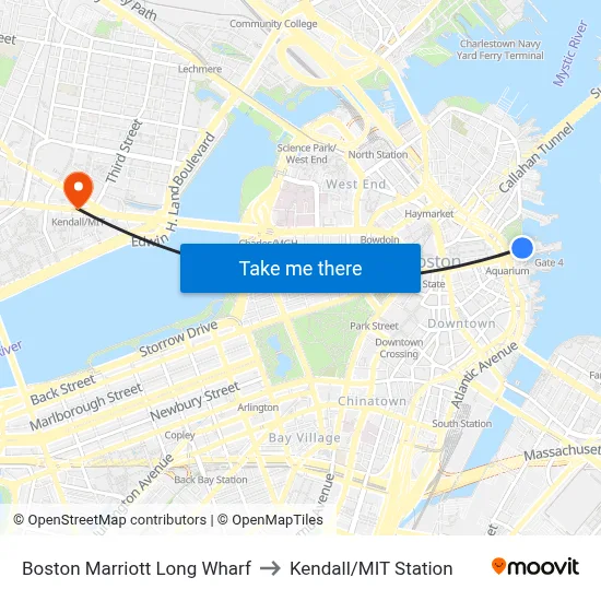 Boston Marriott Long Wharf to Kendall/MIT Station map