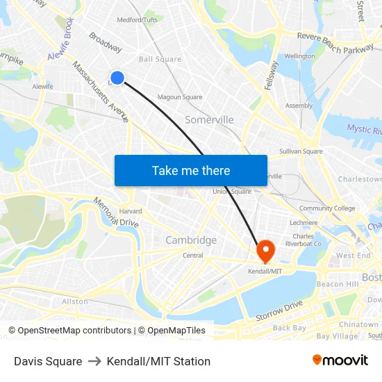 Davis Square to Kendall/MIT Station map
