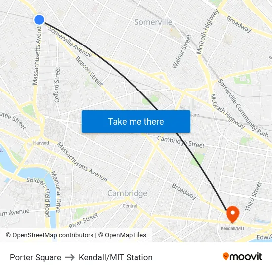Porter Square to Kendall/MIT Station map