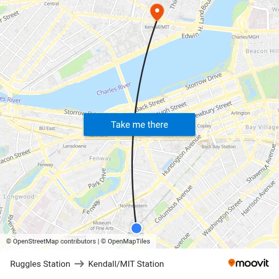 Ruggles Station to Kendall/MIT Station map