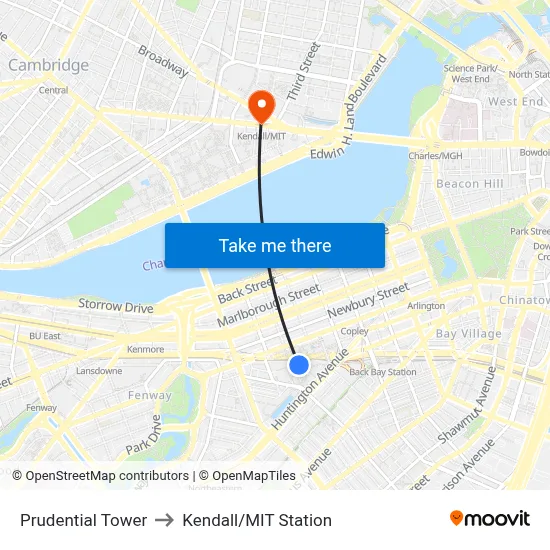 Prudential Tower to Kendall/MIT Station map