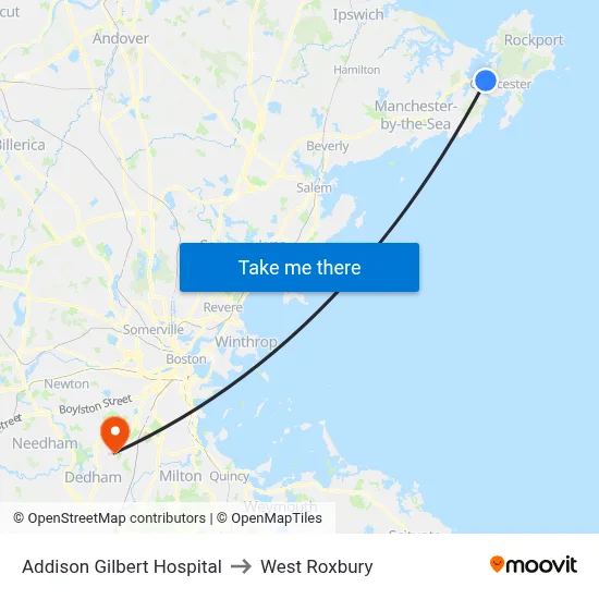 Addison Gilbert Hospital to West Roxbury map
