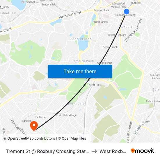 Tremont St @ Roxbury Crossing Station to West Roxbury map
