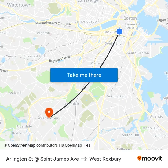 Arlington St @ Saint James Ave to West Roxbury map