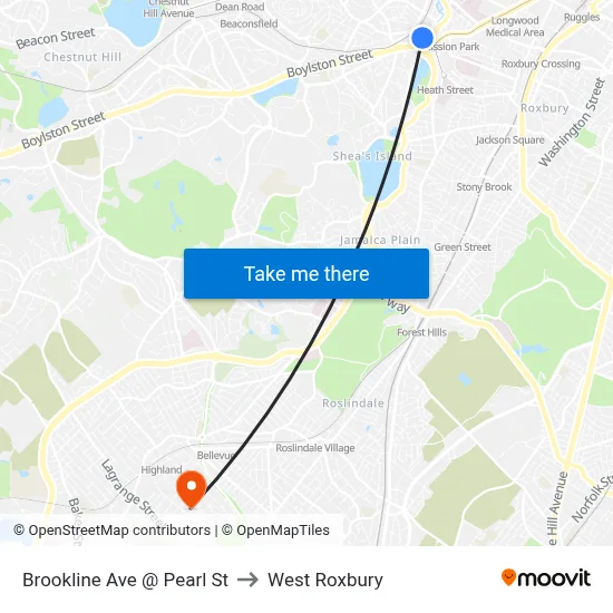 Brookline Ave @ Pearl St to West Roxbury map