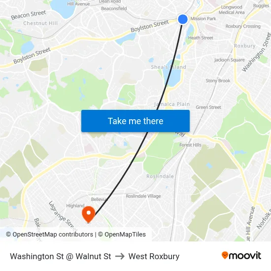 Washington St @ Walnut St to West Roxbury map