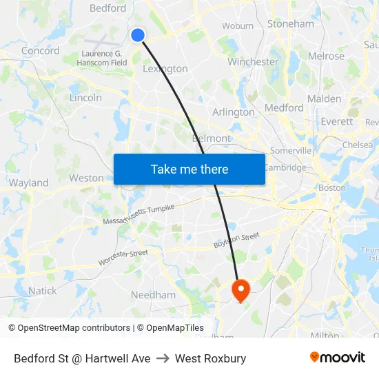 Bedford St @ Hartwell Ave to West Roxbury map