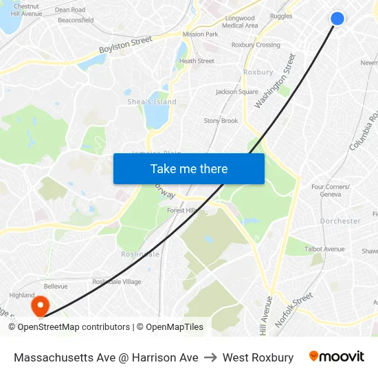 Massachusetts Ave @ Harrison Ave to West Roxbury map