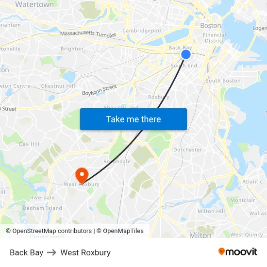 Back Bay to West Roxbury map
