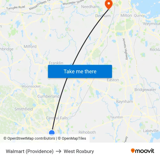 Walmart (Providence) to West Roxbury map