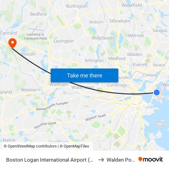 Boston Logan International Airport (Bos) to Walden Pond, Boston with public  transportation