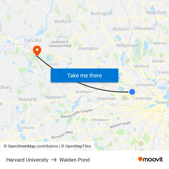 Harvard University to Walden Pond map