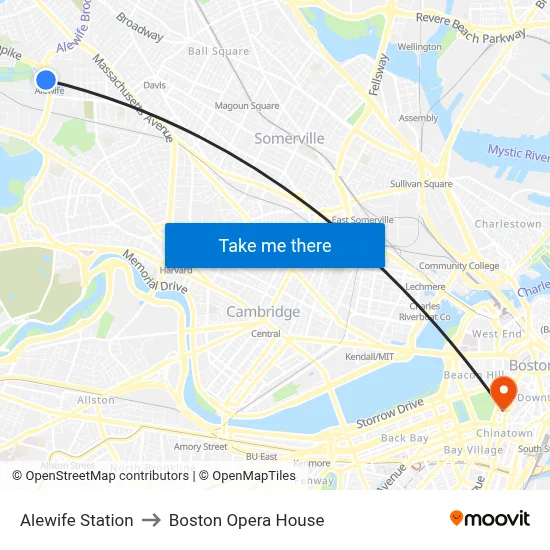 Alewife Station to Boston Opera House map