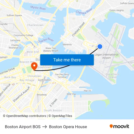 Boston Airport BOS to Boston Opera House map