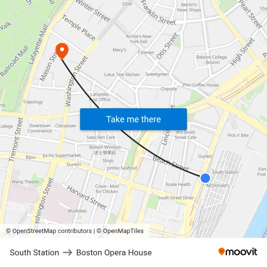 South Station to Boston Opera House map