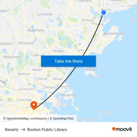 Beverly to Boston Public Library map