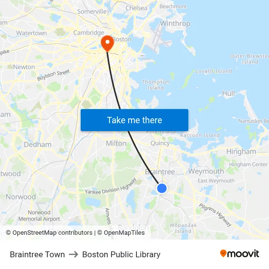 Braintree Town to Boston Public Library map