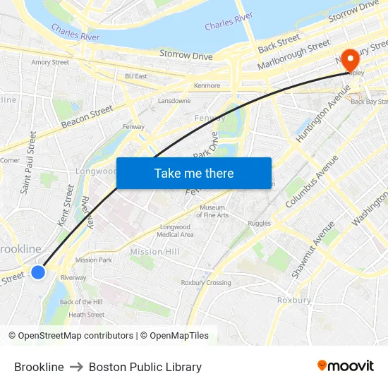 Brookline to Boston Public Library map