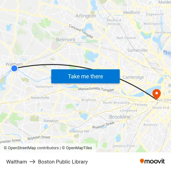 Waltham to Boston Public Library map