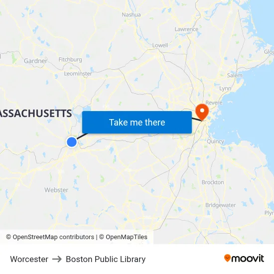 Worcester to Boston Public Library map