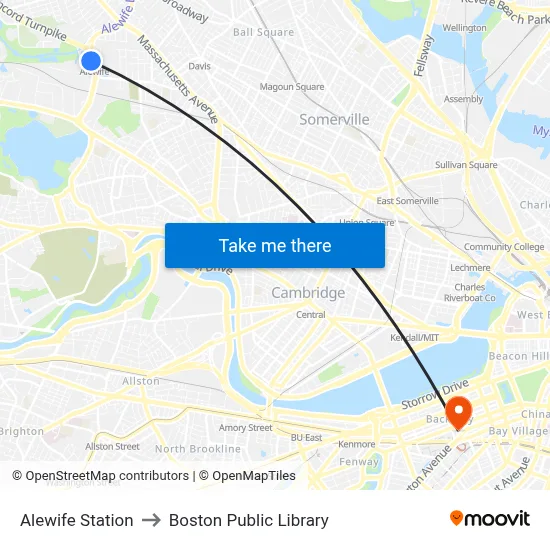 Alewife Station to Boston Public Library map