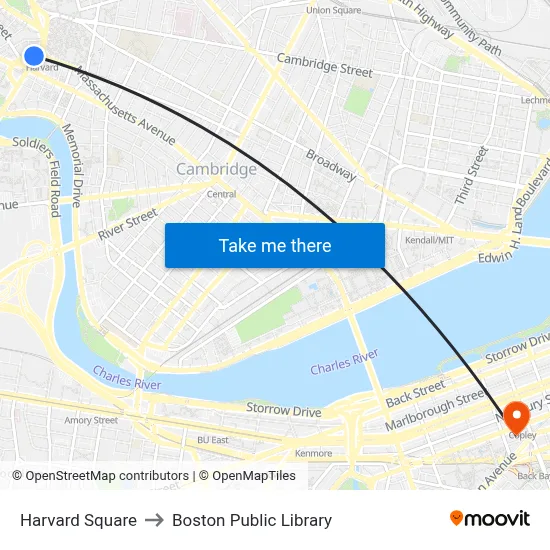 Harvard Square to Boston Public Library map