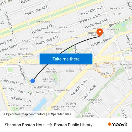 Sheraton Boston Hotel to Boston Public Library map