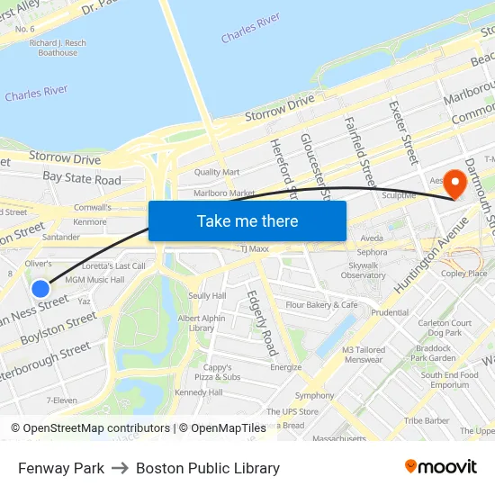 Fenway Park to Boston Public Library map
