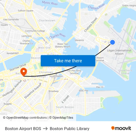 Boston Airport BOS to Boston Public Library map