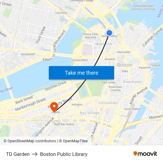 TD Garden to Boston Public Library map