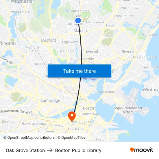 Oak Grove Station to Boston Public Library map