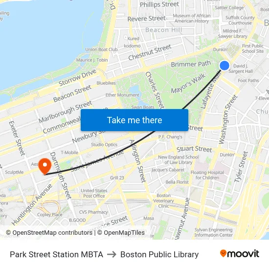 Park Street Station MBTA to Boston Public Library map