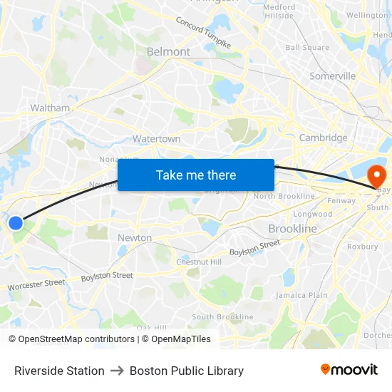 Riverside Station to Boston Public Library map