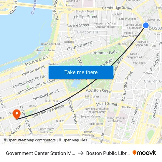 Government Center Station MBTA to Boston Public Library map