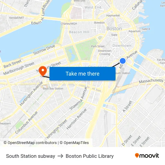 South Station subway to Boston Public Library map
