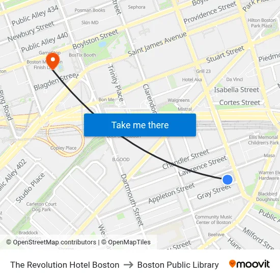 The Revolution Hotel Boston to Boston Public Library map