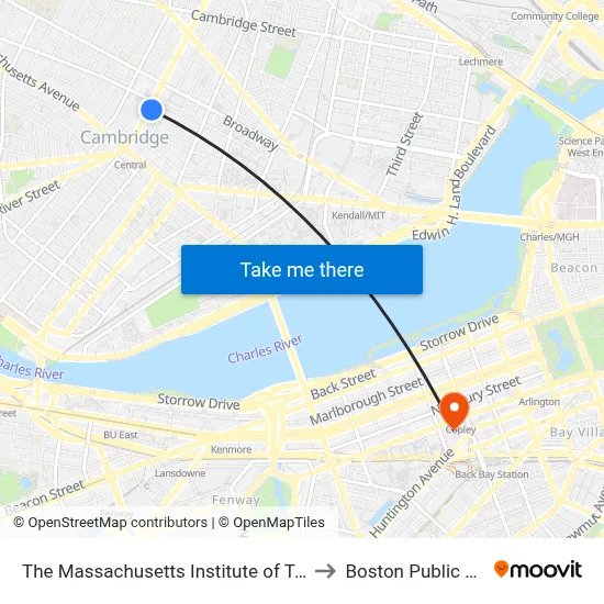 The Massachusetts Institute of Technology to Boston Public Library map