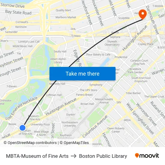 MBTA-Museum of Fine Arts to Boston Public Library map