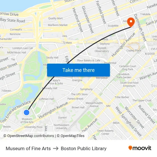 Museum of Fine Arts to Boston Public Library map