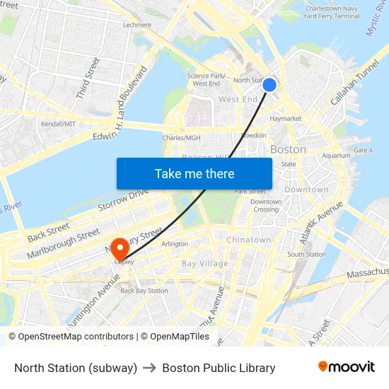 North Station (subway) to Boston Public Library map