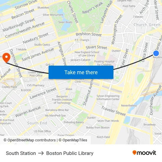 South Station to Boston Public Library map