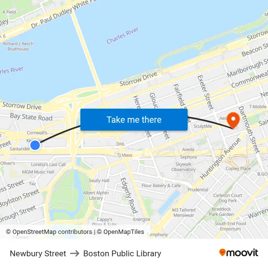 Newbury Street to Boston Public Library map